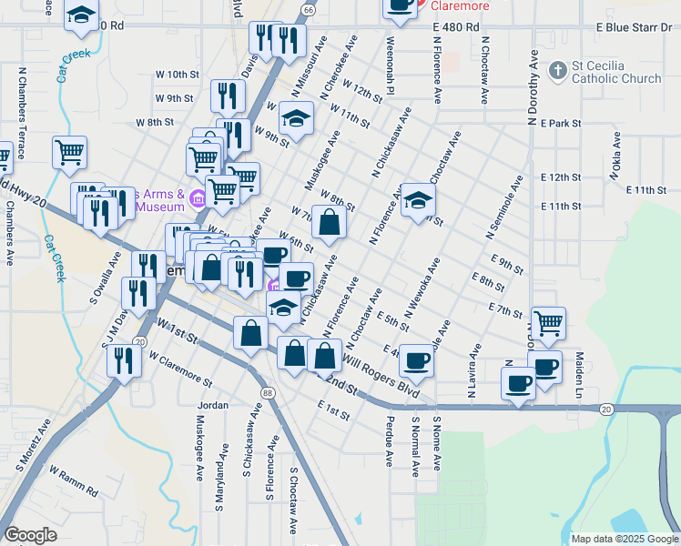 map of restaurants, bars, coffee shops, grocery stores, and more near 109 West 6th Street in Claremore
