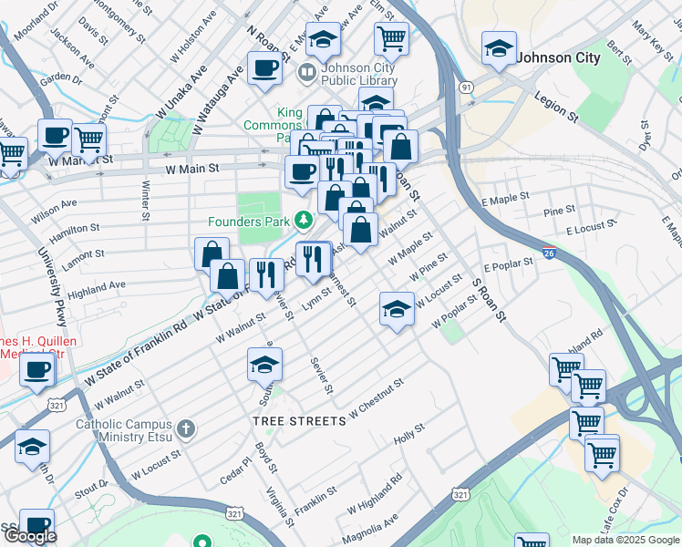 map of restaurants, bars, coffee shops, grocery stores, and more near Lynn St in Johnson City