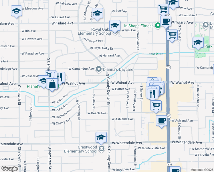 map of restaurants, bars, coffee shops, grocery stores, and more near 2011 South County Center Drive in Visalia