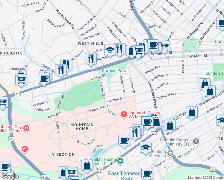 map of restaurants, bars, coffee shops, grocery stores, and more near 825 Hamilton Street in Johnson City