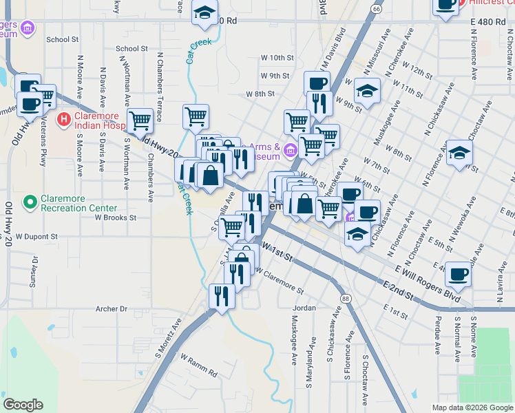 map of restaurants, bars, coffee shops, grocery stores, and more near 625 West Will Rogers Boulevard in Claremore