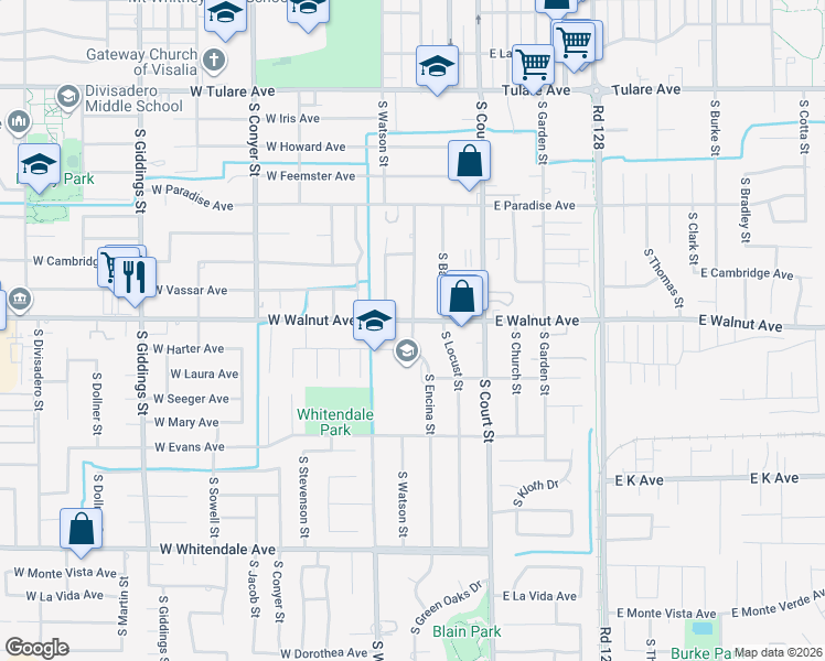map of restaurants, bars, coffee shops, grocery stores, and more near 2021 South Encina Street in Visalia