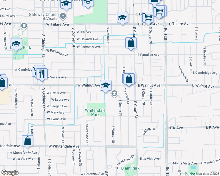 map of restaurants, bars, coffee shops, grocery stores, and more near 416 West Harter Avenue in Visalia