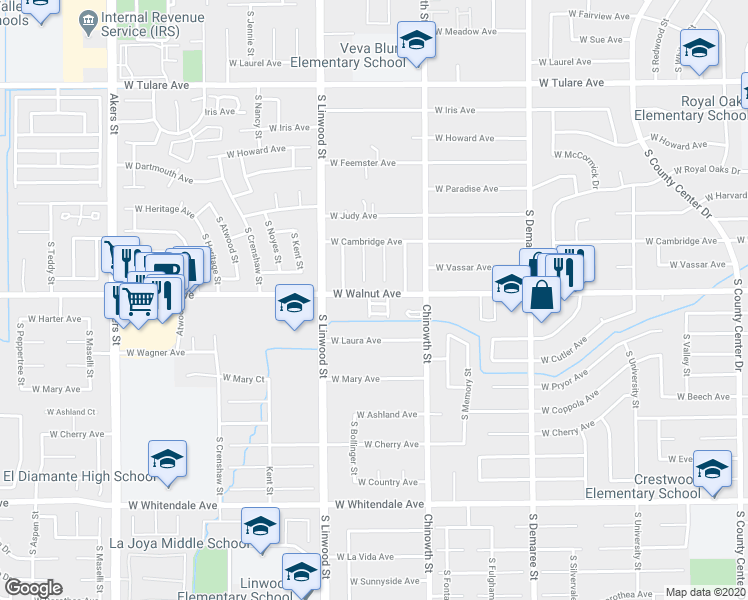 map of restaurants, bars, coffee shops, grocery stores, and more near 4309 West Walnut Avenue in Visalia