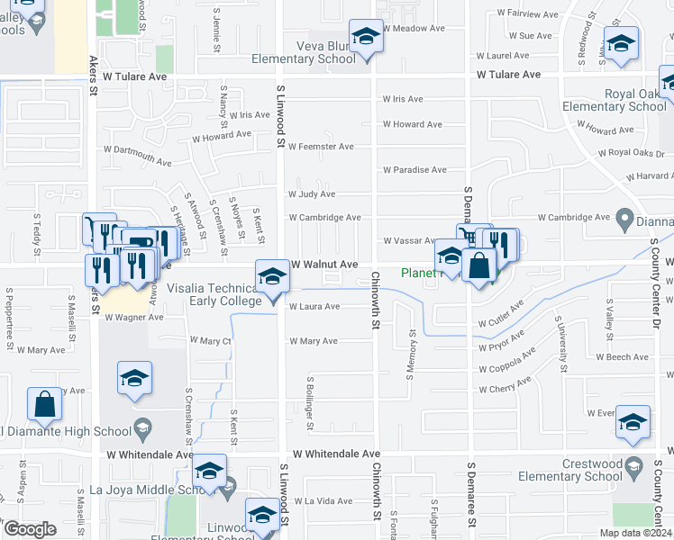 map of restaurants, bars, coffee shops, grocery stores, and more near 4223 West Walnut Avenue in Visalia