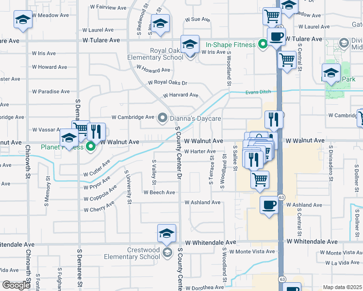 map of restaurants, bars, coffee shops, grocery stores, and more near 2815 West Harter Avenue in Visalia