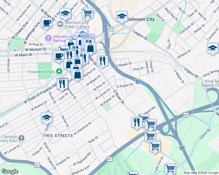 map of restaurants, bars, coffee shops, grocery stores, and more near 107 West Locust Street in Johnson City