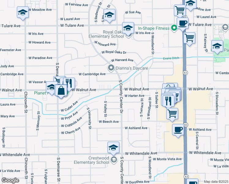 map of restaurants, bars, coffee shops, grocery stores, and more near 2933 West Harter Avenue in Visalia