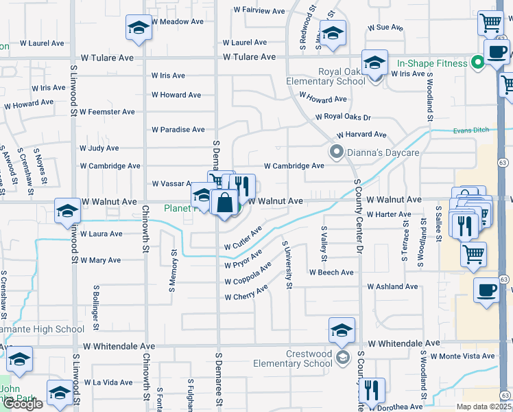 map of restaurants, bars, coffee shops, grocery stores, and more near 3505 West Colonial Avenue in Visalia