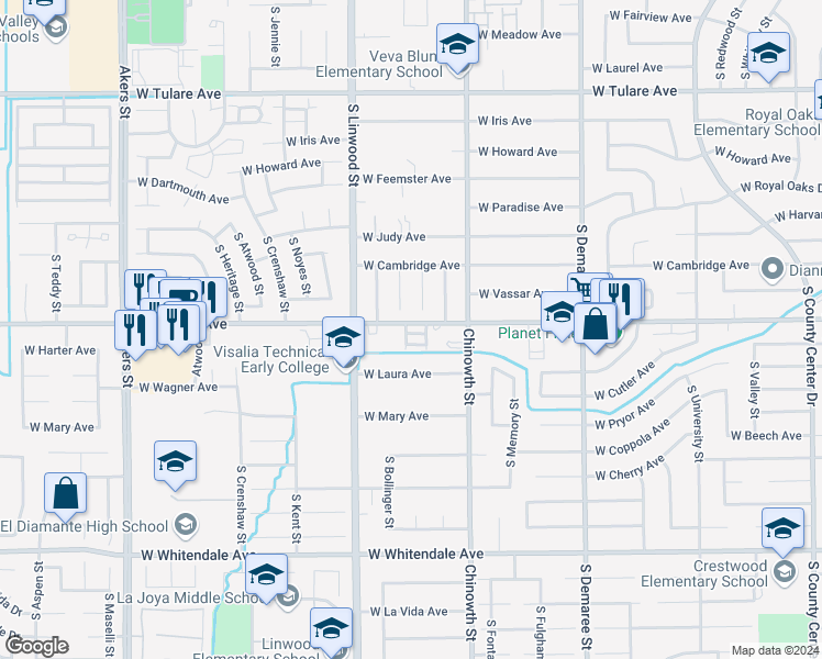 map of restaurants, bars, coffee shops, grocery stores, and more near 4329 West Walnut Avenue in Visalia