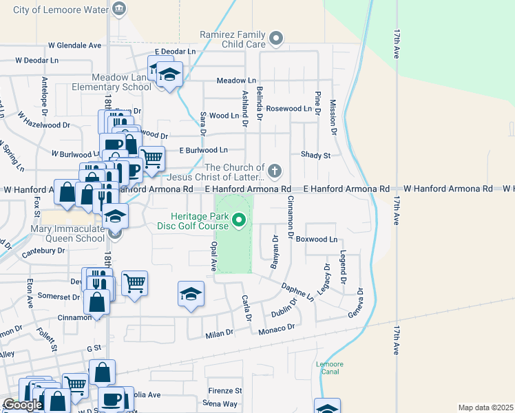 map of restaurants, bars, coffee shops, grocery stores, and more near 840 Azalea Lane in Lemoore
