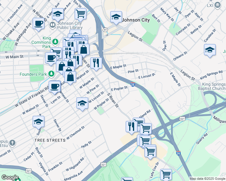 map of restaurants, bars, coffee shops, grocery stores, and more near 1209 Division Street in Johnson City