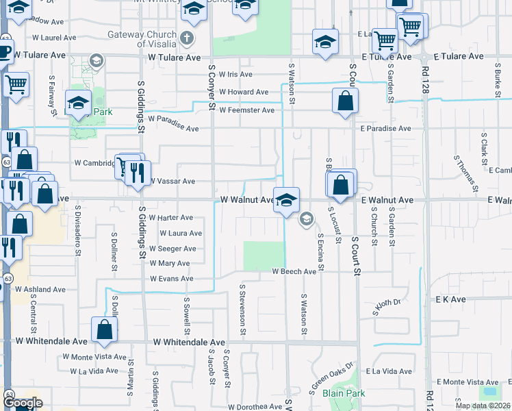 map of restaurants, bars, coffee shops, grocery stores, and more near 530 West Harter Avenue in Visalia