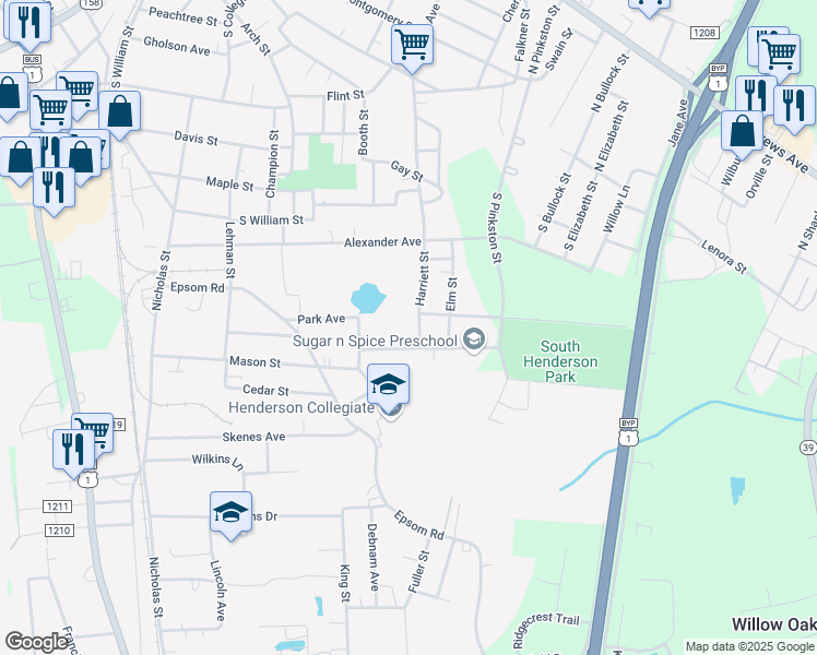 map of restaurants, bars, coffee shops, grocery stores, and more near 1010 Harriett Street in Henderson