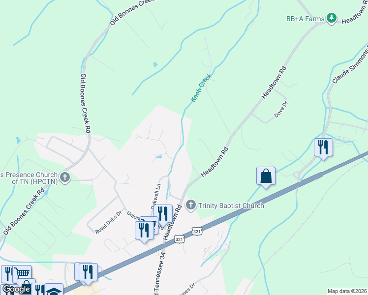 map of restaurants, bars, coffee shops, grocery stores, and more near 297 Headtown Road in Jonesborough