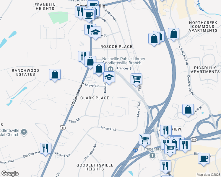 map of restaurants, bars, coffee shops, grocery stores, and more near 514 Donald Avenue in Goodlettsville