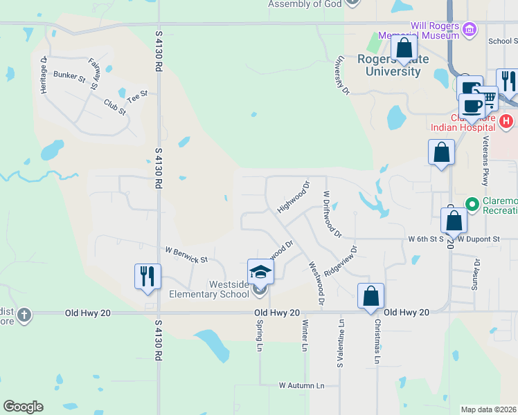 map of restaurants, bars, coffee shops, grocery stores, and more near 2703 Highwood Drive in Claremore