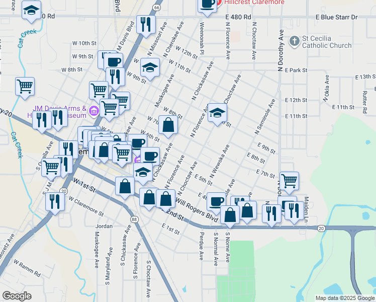 map of restaurants, bars, coffee shops, grocery stores, and more near 211 East 6th Street in Claremore