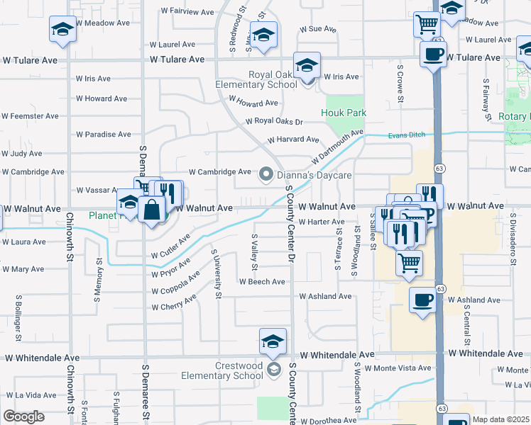 map of restaurants, bars, coffee shops, grocery stores, and more near 3017 West Walnut Avenue in Visalia