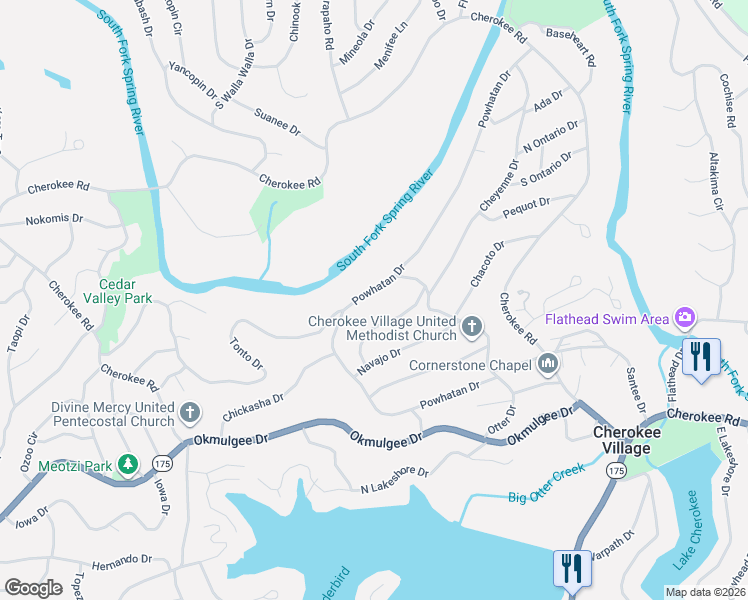 map of restaurants, bars, coffee shops, grocery stores, and more near 15 Navajo Trce in Cherokee Village
