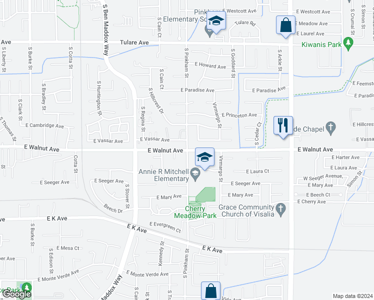 map of restaurants, bars, coffee shops, grocery stores, and more near 1999 South Pinkham Street in Visalia