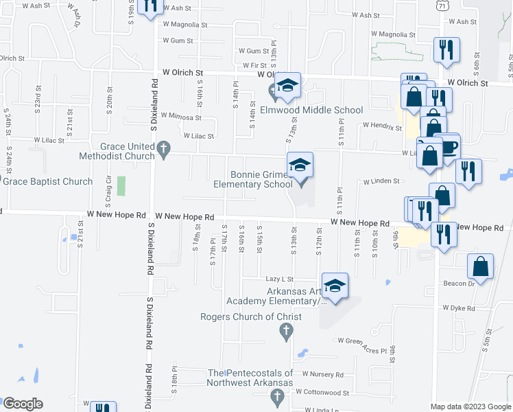 map of restaurants, bars, coffee shops, grocery stores, and more near 1318 West Centennial Drive in Rogers