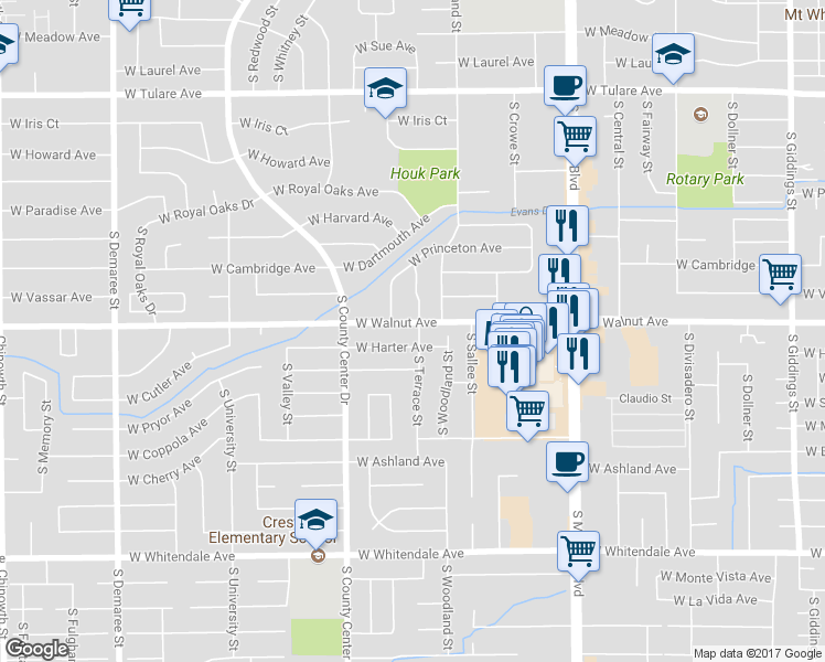 map of restaurants, bars, coffee shops, grocery stores, and more near 2631 West Walnut Avenue in Visalia