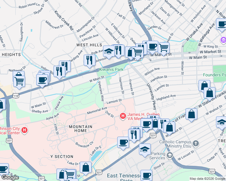 map of restaurants, bars, coffee shops, grocery stores, and more near 825 Hamilton Street in Johnson City