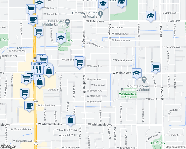 map of restaurants, bars, coffee shops, grocery stores, and more near 1123 West Walnut Avenue in Visalia