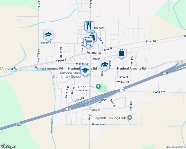 map of restaurants, bars, coffee shops, grocery stores, and more near 11111 14th Avenue in Armona
