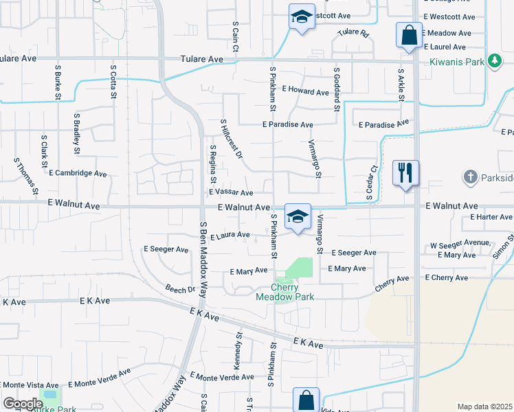 map of restaurants, bars, coffee shops, grocery stores, and more near 2035 South Tracy Court in Visalia