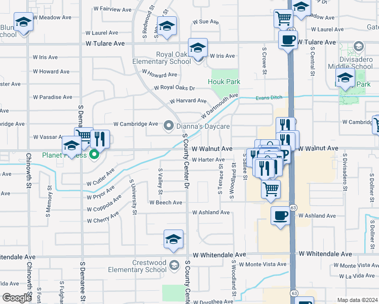map of restaurants, bars, coffee shops, grocery stores, and more near 2815 West Harter Avenue in Visalia