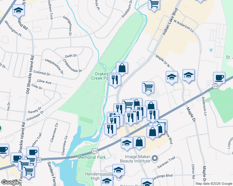 map of restaurants, bars, coffee shops, grocery stores, and more near 141 Indian Lake Boulevard in Hendersonville