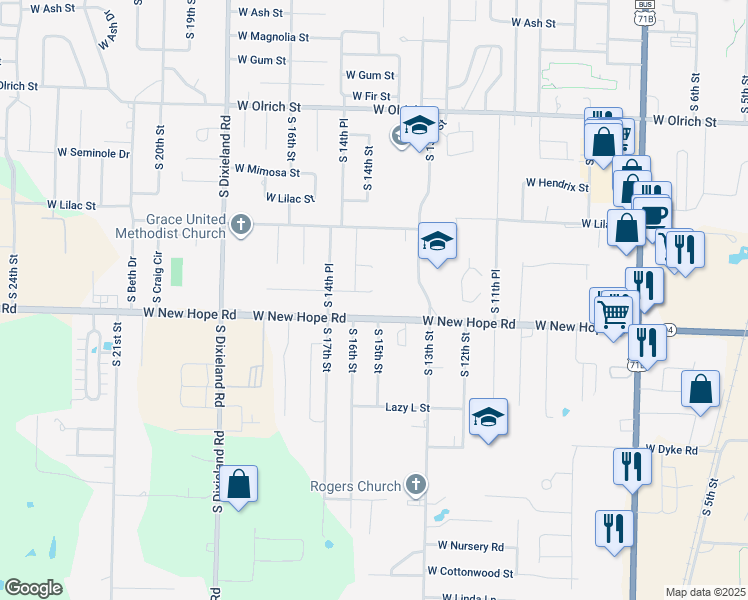 map of restaurants, bars, coffee shops, grocery stores, and more near 1302-1498 W New Hope Rd in Rogers