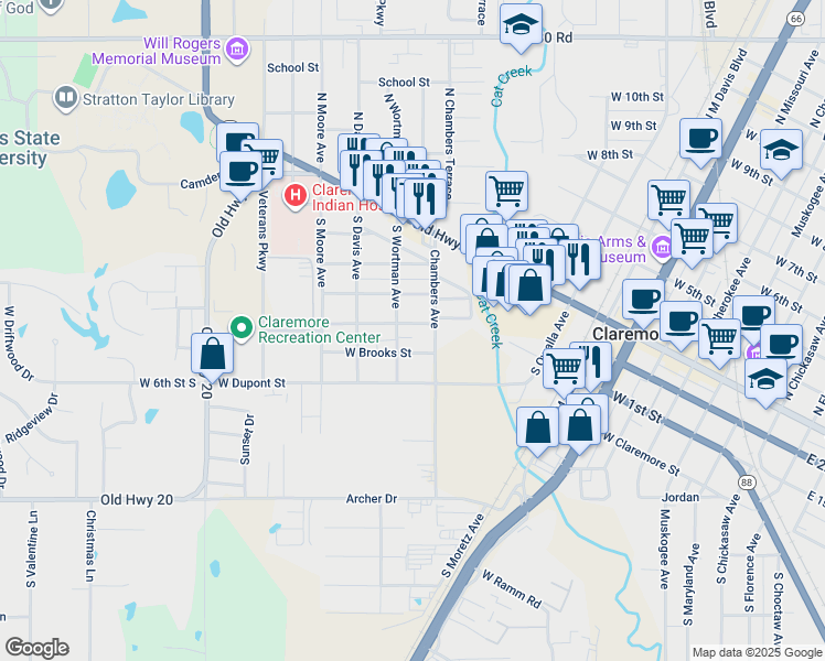 map of restaurants, bars, coffee shops, grocery stores, and more near 1221 West Brooks Street in Claremore