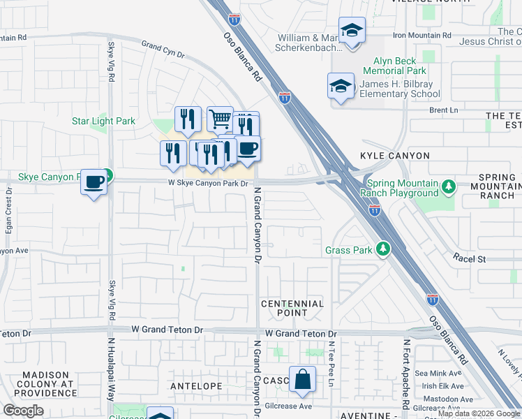 map of restaurants, bars, coffee shops, grocery stores, and more near 8433 Spencer Canyon Street in Las Vegas