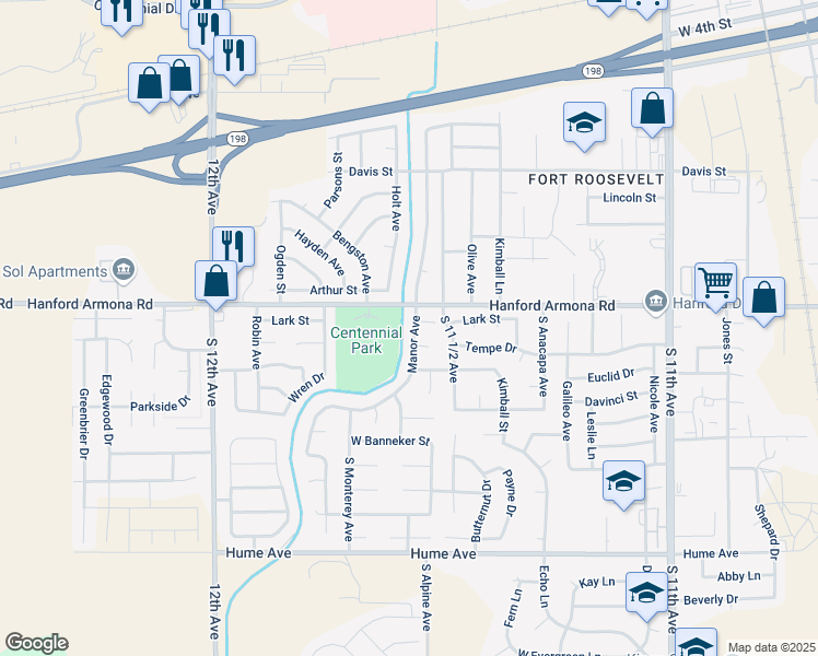 map of restaurants, bars, coffee shops, grocery stores, and more near 1026 Manor Avenue in Hanford