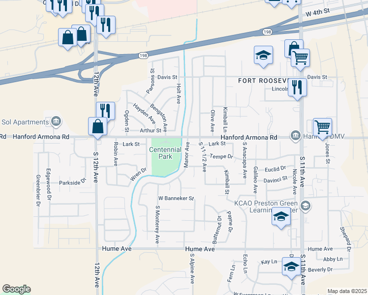 map of restaurants, bars, coffee shops, grocery stores, and more near 1026 Manor Avenue in Hanford