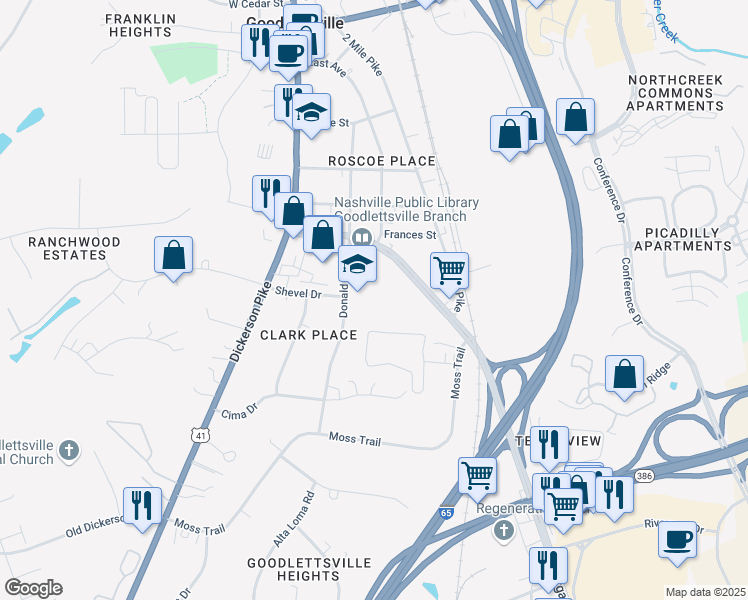 map of restaurants, bars, coffee shops, grocery stores, and more near 514 Donald Avenue in Goodlettsville