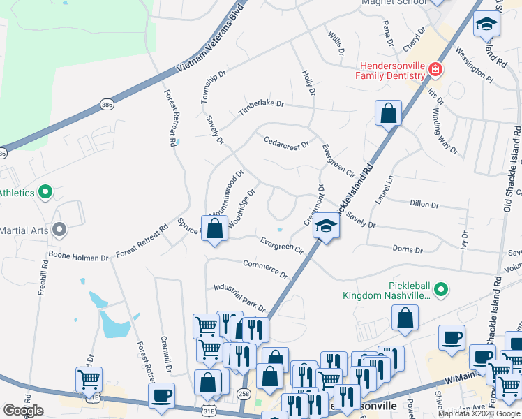 map of restaurants, bars, coffee shops, grocery stores, and more near 119 Lynnhurst Circle in Hendersonville