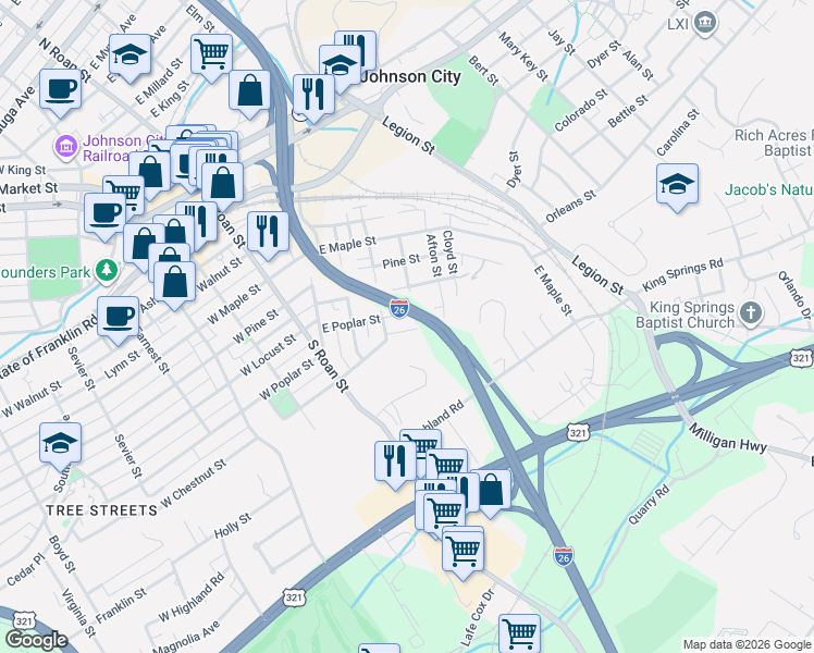 map of restaurants, bars, coffee shops, grocery stores, and more near 1103 Henry Street in Johnson City