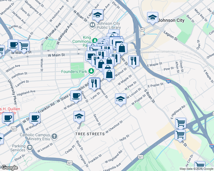 map of restaurants, bars, coffee shops, grocery stores, and more near in Johnson City