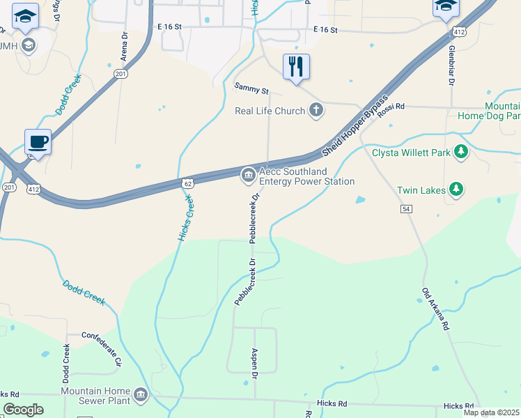map of restaurants, bars, coffee shops, grocery stores, and more near 422 Pebblecreek Drive in Mountain Home