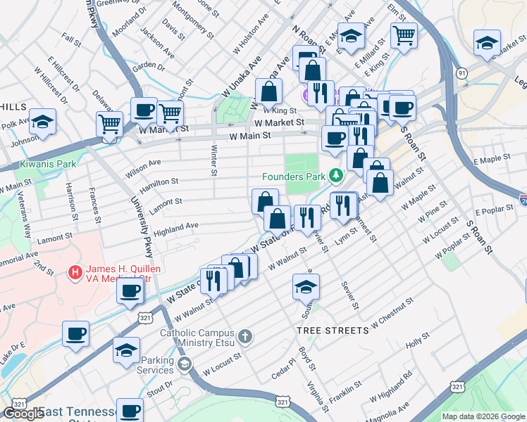 map of restaurants, bars, coffee shops, grocery stores, and more near 219 Lamont Street in Johnson City