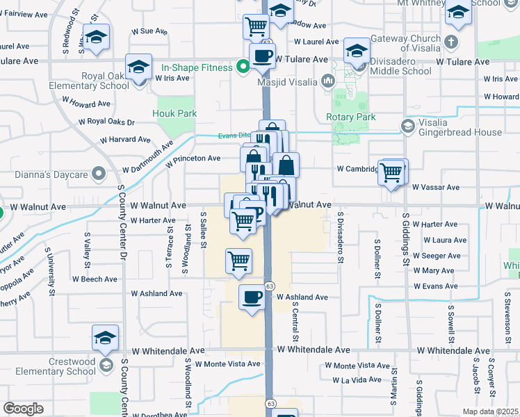 map of restaurants, bars, coffee shops, grocery stores, and more near 1933 South Mooney Boulevard in Visalia
