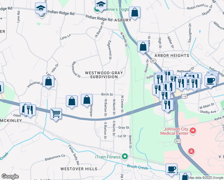 map of restaurants, bars, coffee shops, grocery stores, and more near 716 North Barton Street in Johnson City