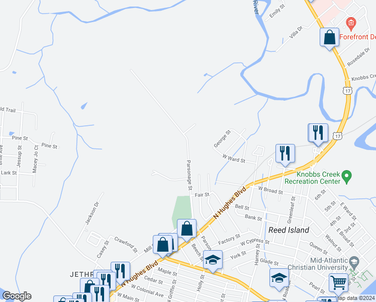 map of restaurants, bars, coffee shops, grocery stores, and more near 1013 Parsonage Street in Elizabeth City