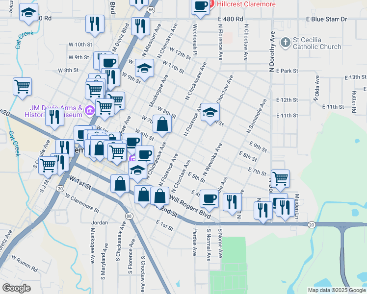 map of restaurants, bars, coffee shops, grocery stores, and more near 122 East 7th Street in Claremore
