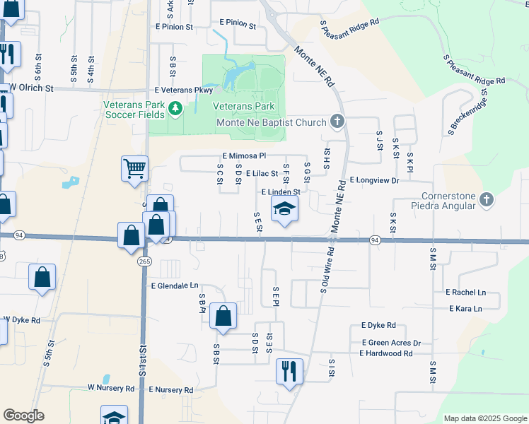 map of restaurants, bars, coffee shops, grocery stores, and more near 602 East Linden Street in Rogers
