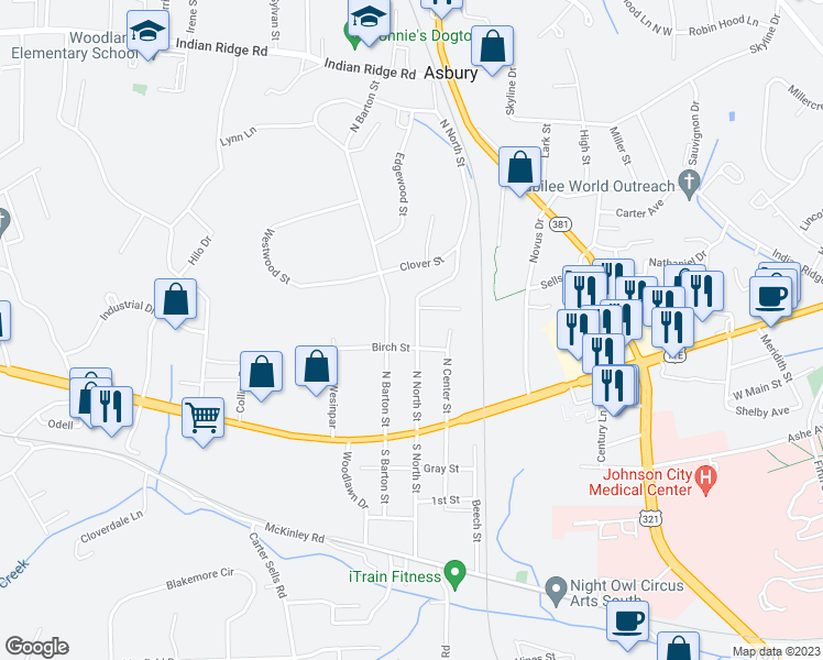 map of restaurants, bars, coffee shops, grocery stores, and more near 705 N North St in Johnson City